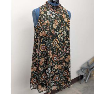 Coverstitched Large High Neck Keyhole Floral Green Dress